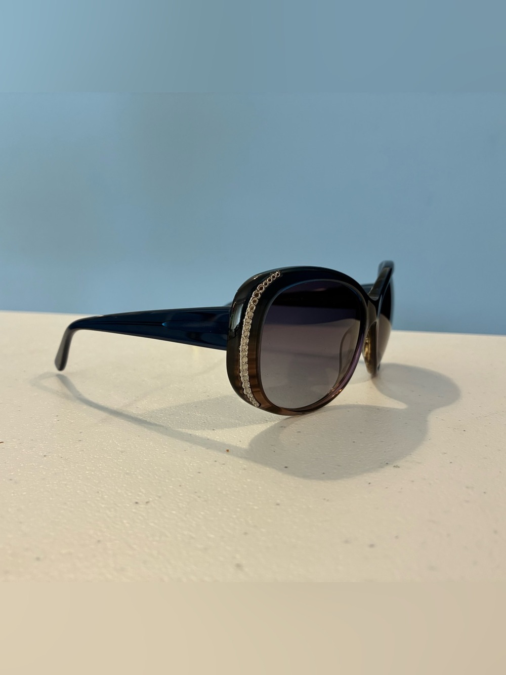 bebe Dark Blue to Black Gradient Round Sunglasses with Rhinestone Accent